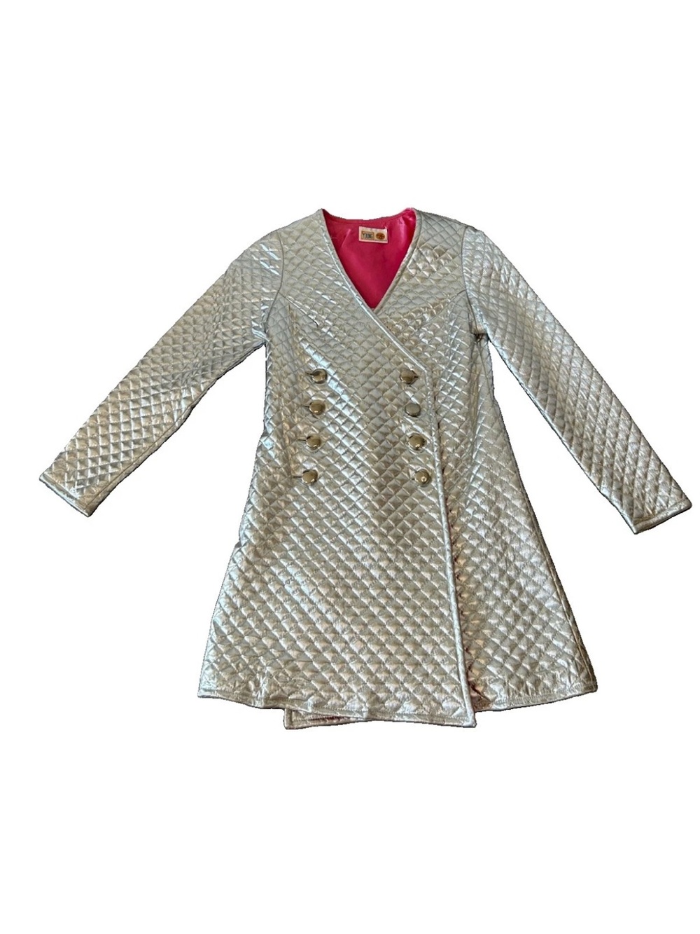Vintage Silver Metallic Quilted Coat Dress Mod Space Age USA XS/S YOUNG Eye’s D